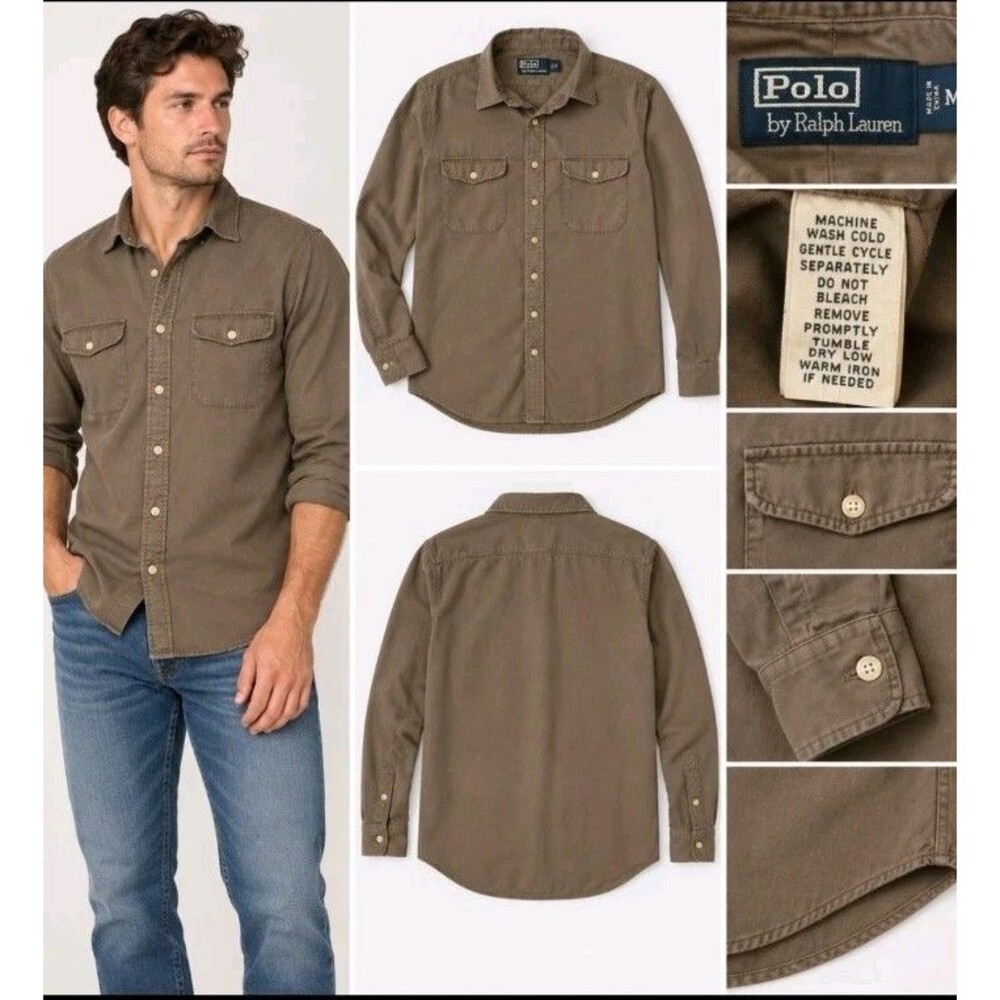 Polo by Ralph Lauren Men's M Solid Brown Cotton Woven Button-Up Shirt Pockets